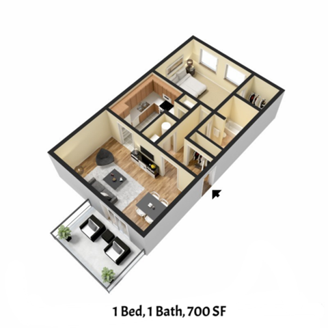 the floor plan of 1 bed 1 bath 700 sq ft